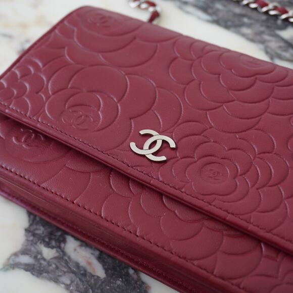 CHANEL Red/Maroon Camellia Embossed Lambskin WOC Silver HW w/ Zeko's COA - Picture 2 of 11